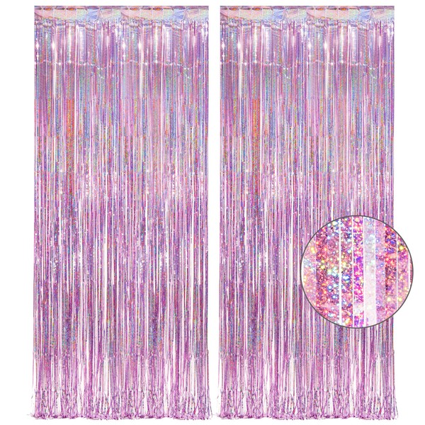 Pink Tinsel Curtain Party Backdrop Glitter - GREATRIL Foil Fringe Curtain Lilac Pink Party Decor Streamers for Birthday Girl Princess Unicorn Christmas Bachelorette Euphoria Party Decorations - 2 PCS
