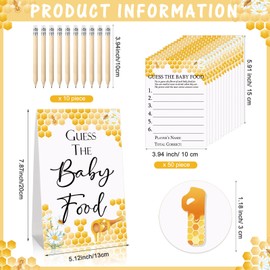 67 Pcs Baby Shower Game Set guess the baby food Game Kit 1 standing Sign 50 Answer Cards 10 Pencils 6 Number Stickers for Gender Reveal Party Decoration Supplies(Bee)