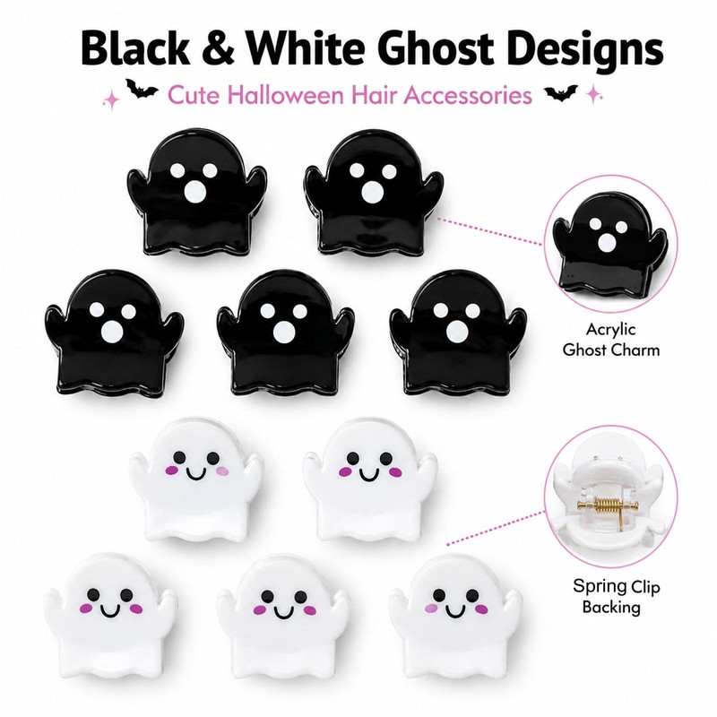 Halloween Ghost Mini Hair Clips 8Pcs Black White Spooky Clips