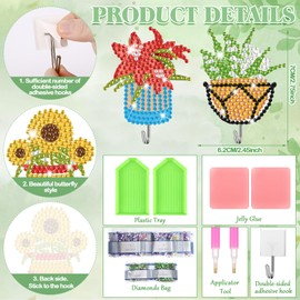 Landical 25 Pcs Floral Diamond Painting Kits for Adults Spring Plants DIY Diamond Art Painting Adhesive Hook Sunflowers Key Holder Rhinestone Dot Gem Art Kits for Towel Hat Kitchen Decoration