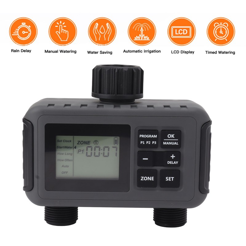 Sprinkler Timer 2 Zone Water Timer Programmable Rain Delay Manual
