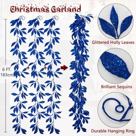 3 Pcs 6FT Christmas Garland Blue Glittered Artificial Magnolia Leaves for Mantle Christmas Tree Decorations Indoor Outdoor Hanging Garland Ornaments Garden Door Wall Window Stair Holiday Home Decor