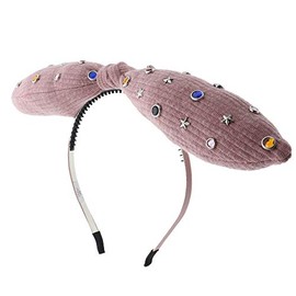 Motique Accessories Girls Cotton Knit Ribbed Puff Bow Headband With Colorful Rhinestones - Light Pink