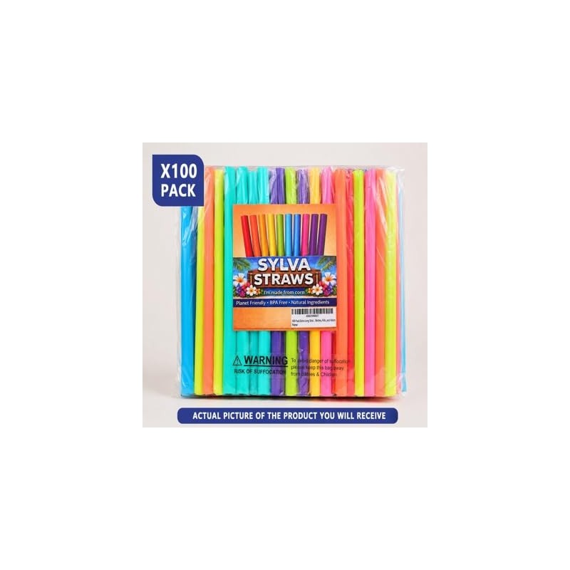 100-Pack Extra Long Wide Straight Straws – 8 Vibrant Colours