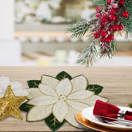 OWENIE Christmas Placemats Set of 4, Embroidered Gold Shiny Sparkle Fabric Poinsettia Flower Table Mats 15 Inch Round Placemat, Xmas Doilies for Holiday Table Decorations, Gold