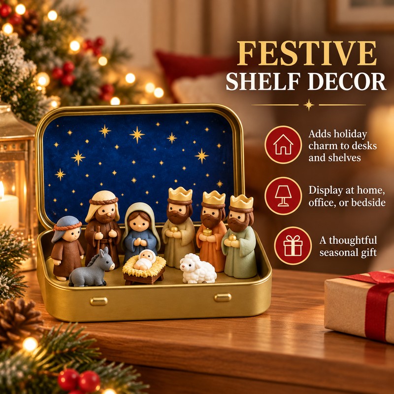 Mini Christmas Nativity Set in Tin Box, Portable Manger Scene