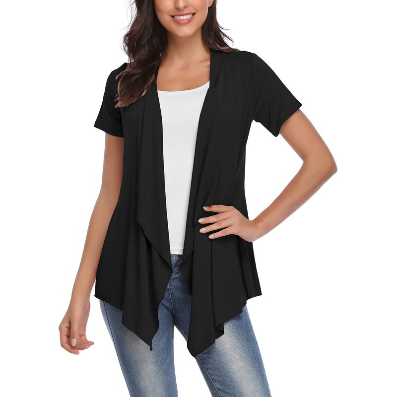 Exchic Women's Open Front Cardigan Irregular Hem Short Sleeve Outfits
