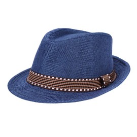 Kids Jazz Hat Panama Style Trilby Fedora Straw Sun Hat Short Brim Summer Sun Beach Cap for Boys Girls 5-10 Years Navy Blue