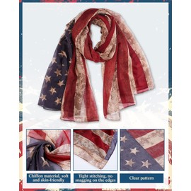 Coume American Flag Patriotic Scarf Chiffon Scarf for Women Red White and Blue Accessories 4th of July Shawl Independence Day (Retro Distressed)