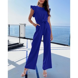 BTFBM - Overol para mujer, cuello redondo, manga casquillo con volantes, cinturón de cintura alta, pierna ancha con bolsillos, traje casual de una pieza, Azul Real, S