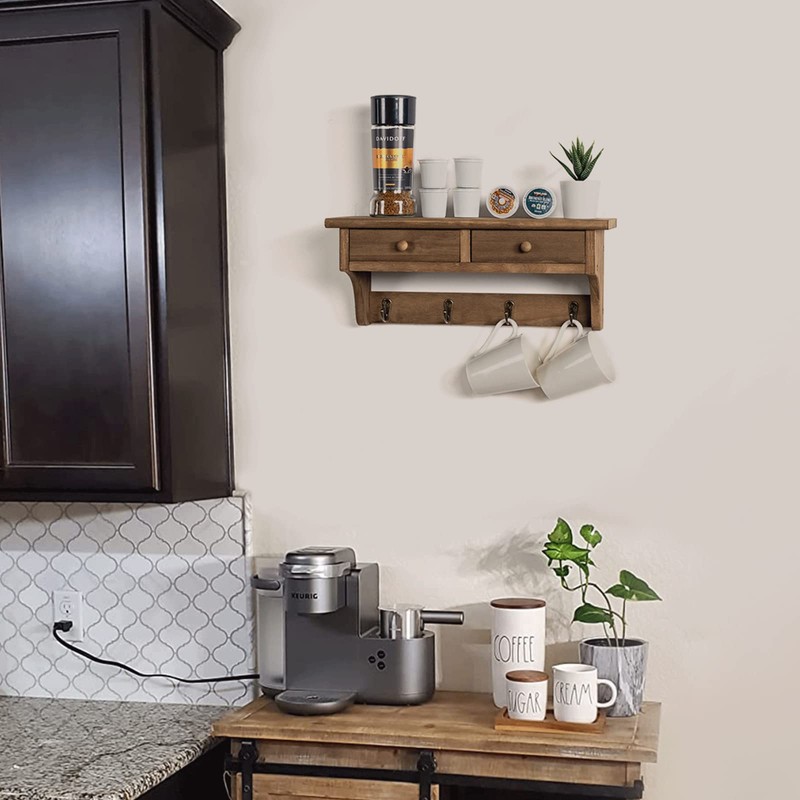 Emfogo Coat Hooks Mounted, Rustic Wood Coat Rack Mount Shelf