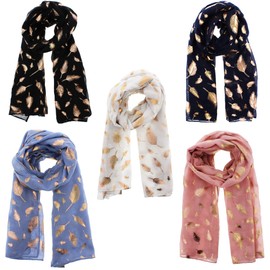 Zac's Alter Ego Set of 5 Ladies Lightweight Assorted Colour Gold Foil Feathers Print Scarves