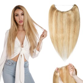 Silk-co 100% Real Human Hair One Piece Wire in Hair Extensions 16inch #18P613 Ash Blonde&Bleach Blonde Invisible Wire on Hair Piece