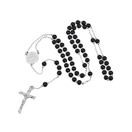 ChainsHouse Black Rosary Catholic Necklace for Men Cross Pendant with Black Glass Pearl Mary Metal Pendant Necklace