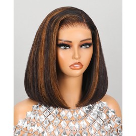 Megalook hair 6x5 Highlight Bob Wig Human Hair Glueless Wig Pre Cut HD Lace Closure Wig 220% Density Wear and Go Glueless Wig Pre Plucked Ombre Wig Bleached Tiny Knots 12 Inch 1BP30
