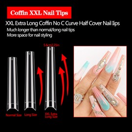 600PCS XXXL Coffin Nail Tips No C Curve, Extra Long Clear Coffin Nail Tips for Acrylic Nails Professional, Half Cover Flat Acrylic Nails Tips Fake Nails for Nail Salon and Home DIY 12 Sizes