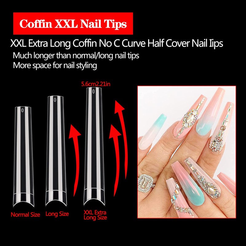 600PCS XXXL Coffin Nail Tips No C Curve, Extra Long