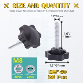 Mardatt 20 Sets M8x40mm Star Knobs Male Thread Clamping Knob Screw Hand Tightening Knob Quick Removal Replacement Parts with 304 Stainless Steel Hex Nuts and Flat Washers