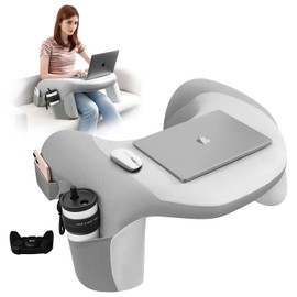 WOGAHEV Reading Pillow for Bed, Lap Desk for Laptop, Memory Foam Arm Rest Support Gaming Pillow with Cup/Phone Pocket, Laptop Lap Desk for Working, Gaming, Reading on Couch Bed Floor- Grey