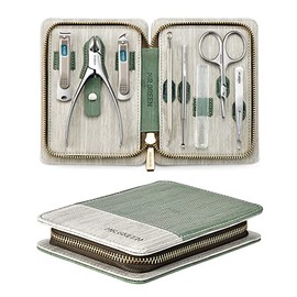 Juego de manicura 8 en 1, kit de pedicura profesional, kit de manicura de acero inoxidable, kit de aseo de viaje portátil, herramientas para el cuidado de las uñas, cortaúñas, herramientas de pedicura con estuche de viaje de cuero (verde)