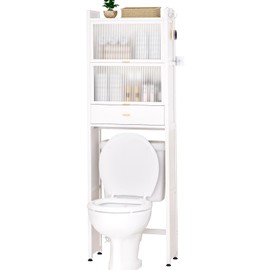 Cozivolife Over The Toilet Storage Cabinet with Drawer and Flip Door,Bamboo Bathroom Organizer Shelf with Anti-Tip Design and Waterproof Feet Pad,Freestanding Rack Above Toilet Space Saver (White)