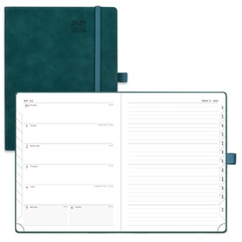 POPRUN Weekly Agenda 2025-2026 (Medium 6.5''x 8.5'') Academic Planner (July 2025 - June 2026) Appointment Book with Laminated Tabs, Leather Soft Cover, Inner Pocket, 100 GSM - Petrol Green
