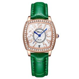 JewelryWe Women's Analogue Quartz Watch Classic Elegant Rhinestone Rectangular/Round Date Calendar 30 m Waterproof Business Casual Watch with Genuine Leather Strap, Rectangle-Green, Strap.