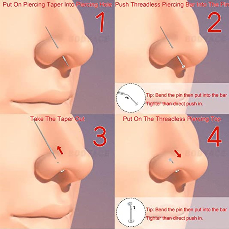 WillTen 4Pcs Piercing Taper Labret Insertion Tool, Flat Back Earring