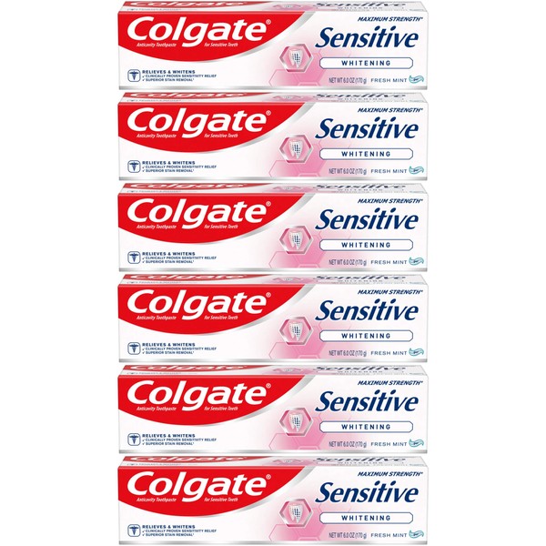 Colgate Sensitive Maximum Strength Whitening Toothpaste, Mint - 6 Ounce (Pack of 6)