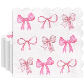 JarThenaAMCS 100Pcs Pink Bow Paper Scalloped Napkins Trendy Preppy Coquette Luncheon Napkins Watercolor Dinner Hand Napkins for Girls Home Party Supplies Table Decor
