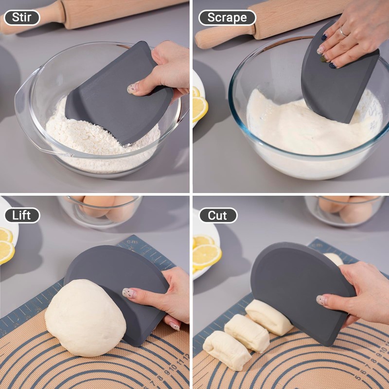 Silicone Dough Scraper with Stainless Steel Sheet, Curved Edge Flexible