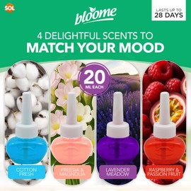 Bloome 4pk Plug-In + 22 Assorted Plug In Refills Scented Oil Air Freshener 20ml - Fragranced Oil Air Fresheners for Home, Bedroom, Office, Pet Odours, Kitchen, and Room Freshness