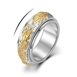 PYNASA Stainless Steel Gold Dragon Spinner Fidget Rings For Men Women,Silver Rotatable Vintage Golden Dragon Signet Carved Biker Band Anxiety Ring For Men,Man Punk Motorcycle Ring Jewelry (11)