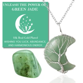 Halukakah Crystals and Healing Stones Women's Necklace Natural Moonstone/Pink Quartz/Amethyst Quartz/Obsidian/Jade Platinum Plated Brass Wire Handmade Winding Tree of Life Moon/Heart Pendant 1.2"x1.6" Chain 20" (LUCK - Moon Jade)