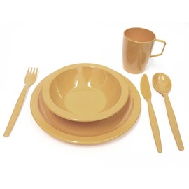 Camping Honey Yellow Tableware Set - Plate, Bowl, Beaker and Cutlery - Reusable Virtually Unbreakable Polycarbonate Plastic
