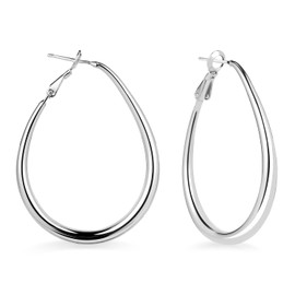 LUTER 2pcs Oval Hoop Earrings for Women, S925 Sterling Silver Teardrop Shaped Oval Hoop Earrings Big Simple Hook Earrings for Teens, Lightweight & Easy to Wear (Silver)