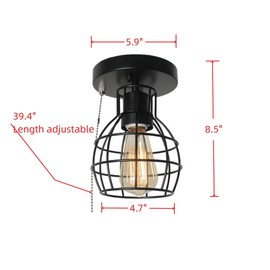 Beuhouz Pull String Semi Flush Mount Ceiling Light, Round Modern Industrial Close to Ceiling Light Fixture with Pull Chain Black Metal Cage Foyer Kitchen Ceiling Light 1-Light Edison E26 8087