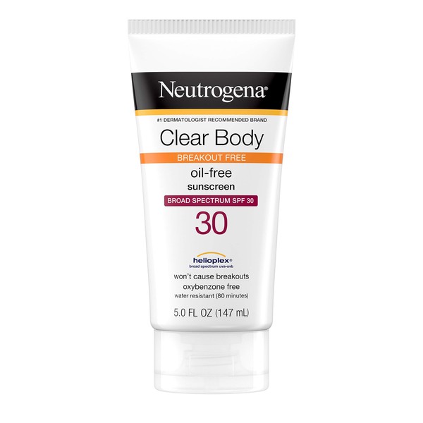 Neutrogena Clear Body Breakout-Free Liquid Sunscreen Lotion for AcneProne Skin, Oil Free Sunscreen, Broad Spectrum SPF 30, Oxybenzone Free, Fragrance Free, Non Comedogenic, Unscented, 5 Fl Oz