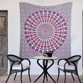 raajsee White Pink Tapestry Mandala Wall Hangings, Indian cotton Beach Throw Blanket, Hippie Tapestries Boho Decor Bohemian Bedding,Queen Bedspread 210x220 cms,A