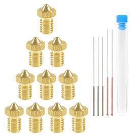 Aokin 10 Pcs Extruder Nozzle 3D Printer Brass Nozzles 0.2/0.3/0.4/0.5/0.6/0.8/1.0mm for E3D V5 V6 and 5 Pcs 0.2/0.3/0.4/0.5/0.6mm Stainless Steel Nozzle Cleaning Needles for 1.75mm Filament 3D Printer