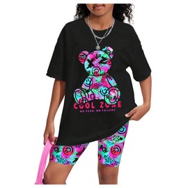 SOLY HUX Girl's Summer Outfits Graphic Short Sleeve Top and Biker Shorts 2Pcs Clothing Sets Black Multi 8Y