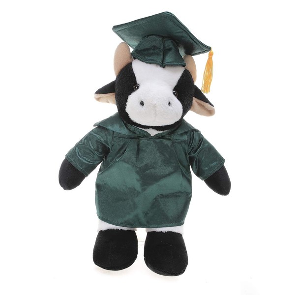 Plushland Cow Plush Stuffed Animal Toys Present Gifts for Graduation Day, Personalized Text, Name or Your School Logo on Gown, Best for Any Grad School Kids 12 Inch (Forest Green Cap and Gown)