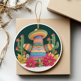 Vibrant Round Ceramic Ornament 3 inches Featuring Mexican Piñata, Poinsettias, Cacti, Sombreros, and Maracas for Christmas Decor