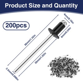 Kayqbonke Pack of 200 Blind Rivets Aluminium Rivets Pop Rivets 4 mm x 6 mm Blind Rivets Anthracite Large Head Black Pop Rivets Blind Rivets Set for Buildings, Ships, Cars and Furniture