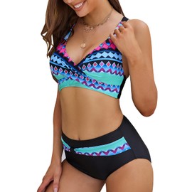 SEAFORM Womens Two Piece Swimsuits Wrap Front Bikini High Waisted Bottom Tummy Control Bathing Suits Vintage Print Swimwear, Blue, Large