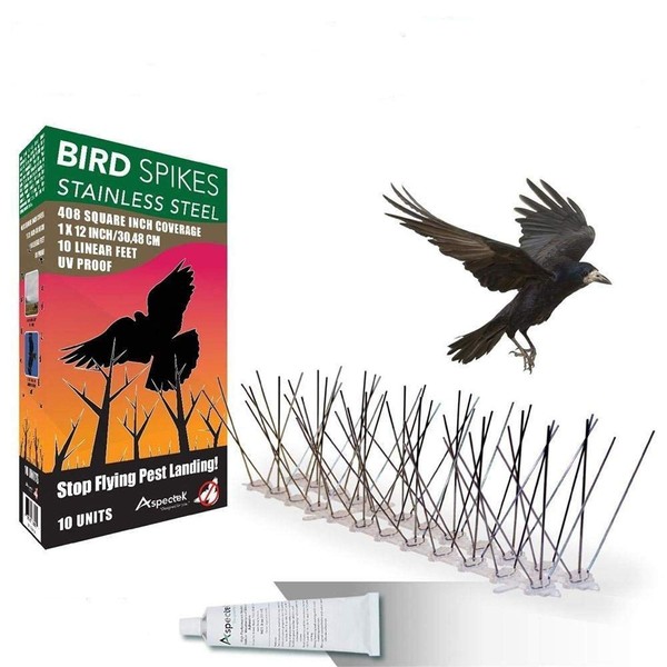 Aspectek Stainless Steel Pre-Assembled Bird Spikes 10 Feet (3 Meters), Bird Deterrent Kit with Transparent Silicone Glue