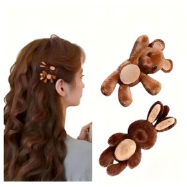 Kawaii Hair Clips Cute Plush Hair Clips Duck Bill Nonslip Side Clip Hairpin Y2k Hair Accessories for Women (Brown Bear and Rabbit)
