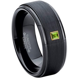 Brushed Black Tungsten Carbide Mens Wedding Band with 0.05ctw - 0.10ctw Princess Cut Peridot Birthstone Tungsten Ring - Stepped Edge Comfort Fit Tungsten Anniversary Ring - RG Bezel