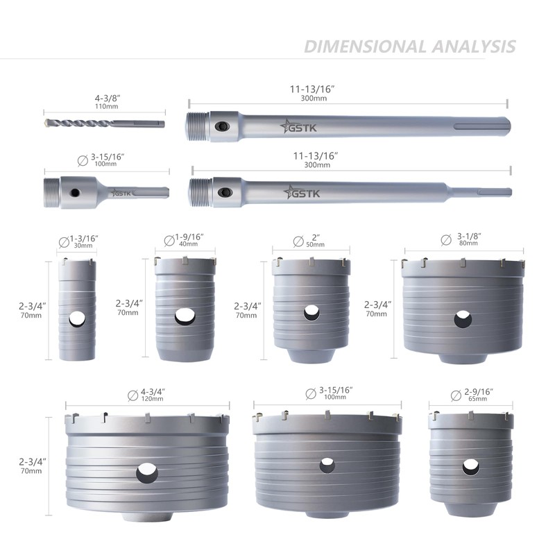 GSTK 7pcs Concrete Hole Saw Set (30mm, 40mm, 50mm, 65mm,