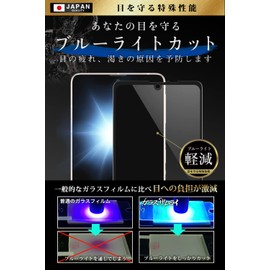 ガラスザムライ AQUOS Sense8 用 ブルーライトカット ガラスフィルム SH-54D 用 SHG11 用 SH-53C 用 SHG10 用 AQUOS Sense7 用 全面保護 硬度 10H 強化ガラス 保護フィルム 米軍MIL規格 358-blue-3d